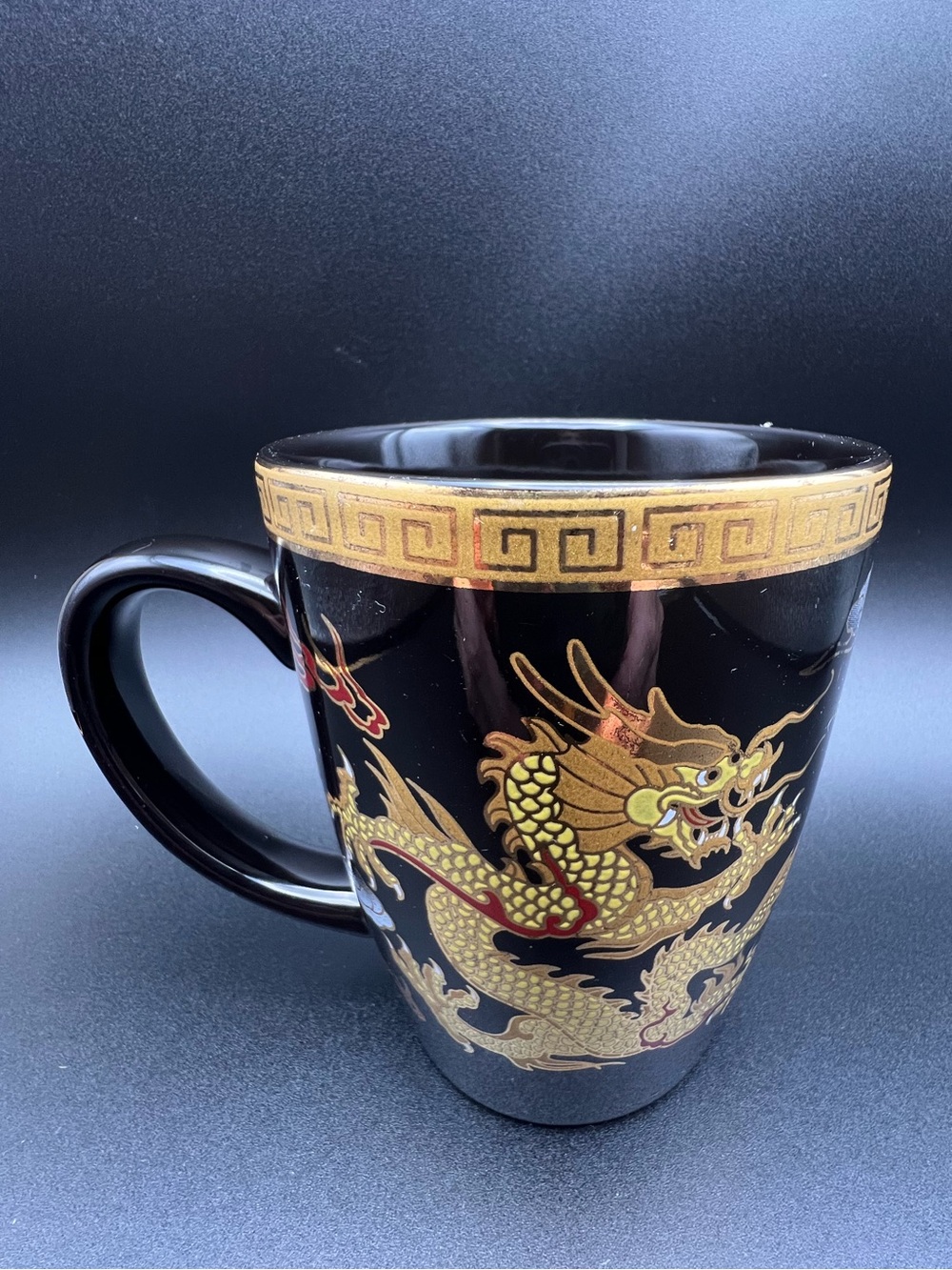 🐉 Vintage Adeline Fine Porcelain Gold Chinese Dragon Black Mug